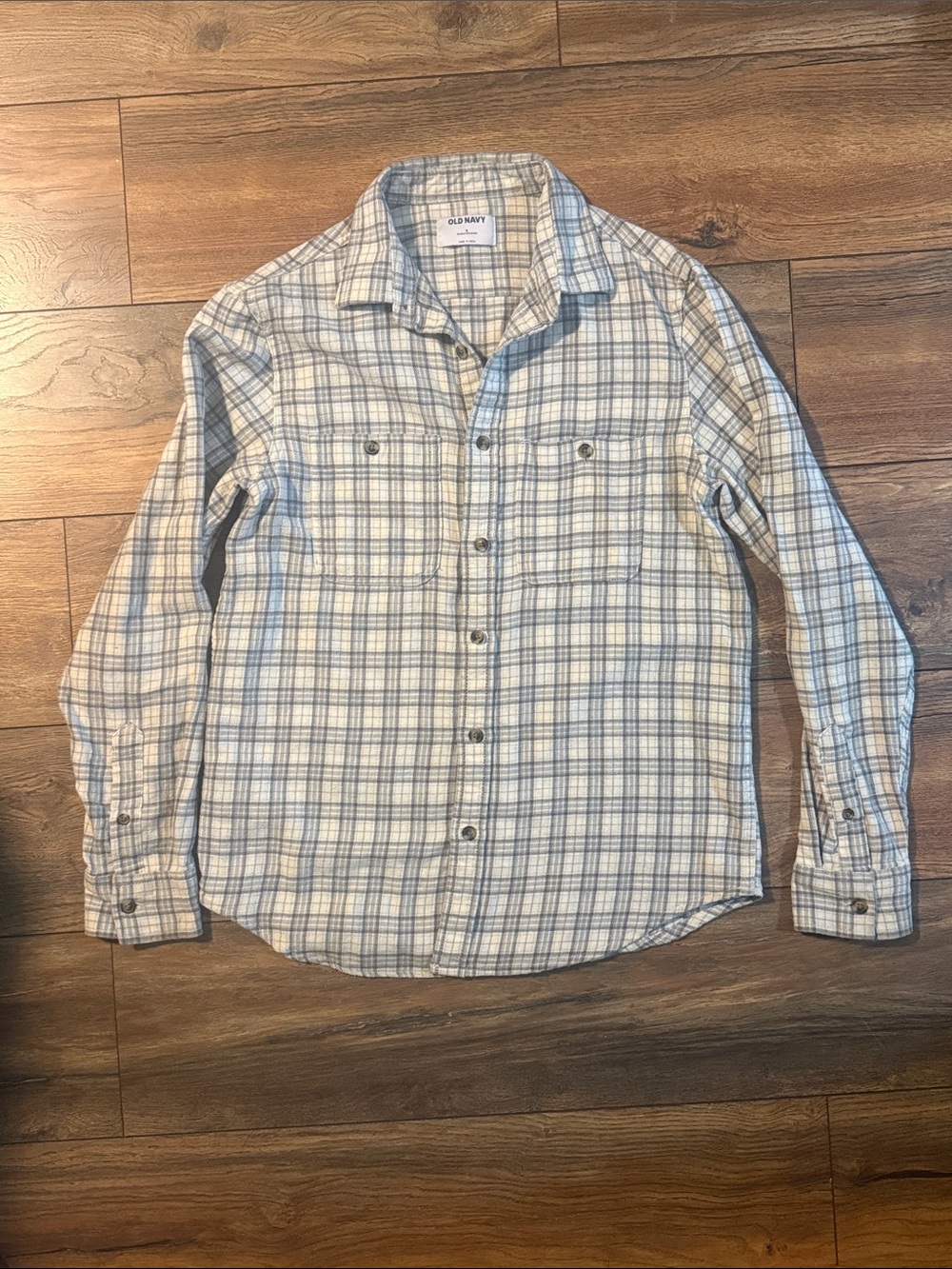 Old Navy Men's White and Light Gray Plaid Button-Down Shirt